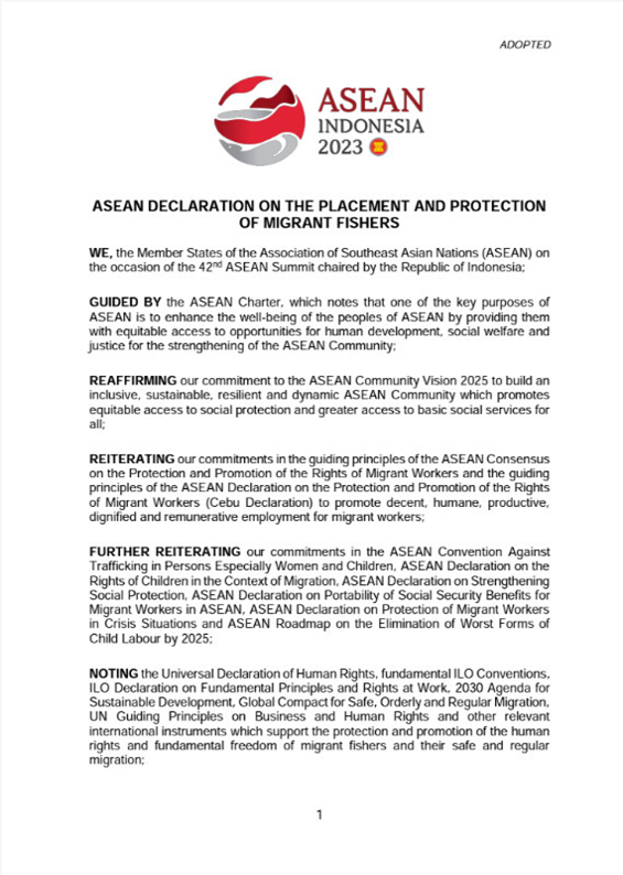 The front cover of ASEAN Declaration and the placement and protection of migrant fishers